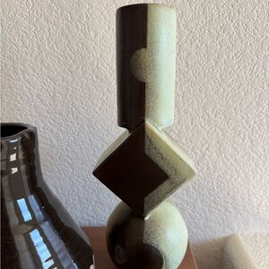 Signed Geometric Ceramic Vase - Black and Green